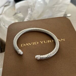 New David Yurman Silver Cable Bracelet Pearl w diamonds sz S